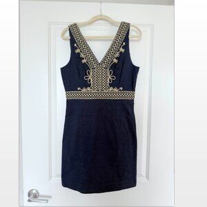 Lilly Pulitzer Cotton Gold Embroidered Sleeveless Dress in Dark Navy Blue Size 8